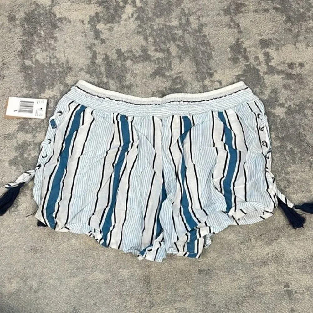NWT Surf Gypsy Printed Side Lace Up Swim Cover Up Shorts Stripe Beach Blue Sz L
